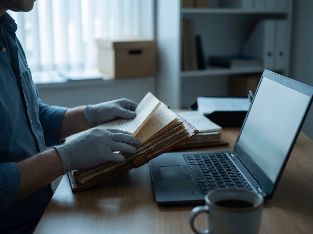 Auditor reviewing bound compliance records beside a laptop