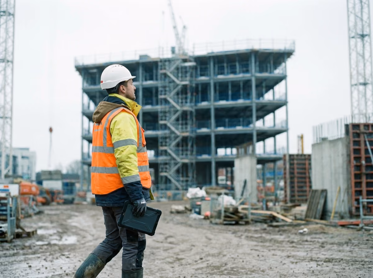 Site engineer in hi-vis doing a safety walk with a tablet