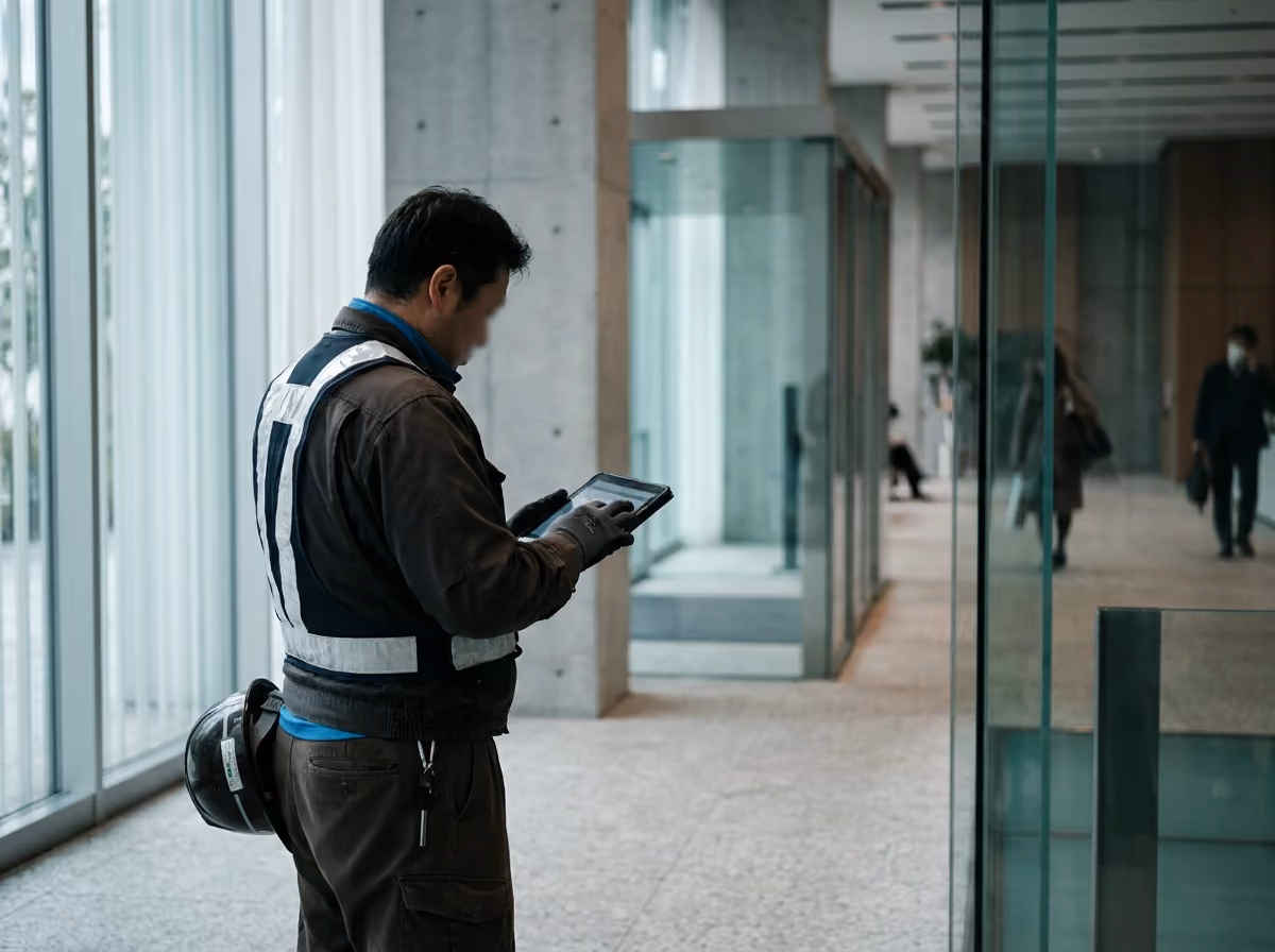 Supervisor reviewing building scores in a lobby