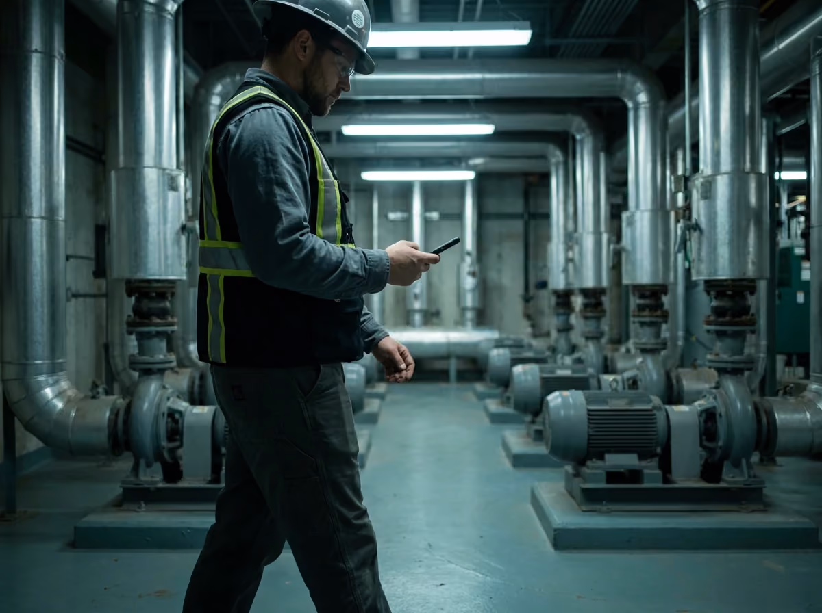 FM technician on a plant-room round with a phone