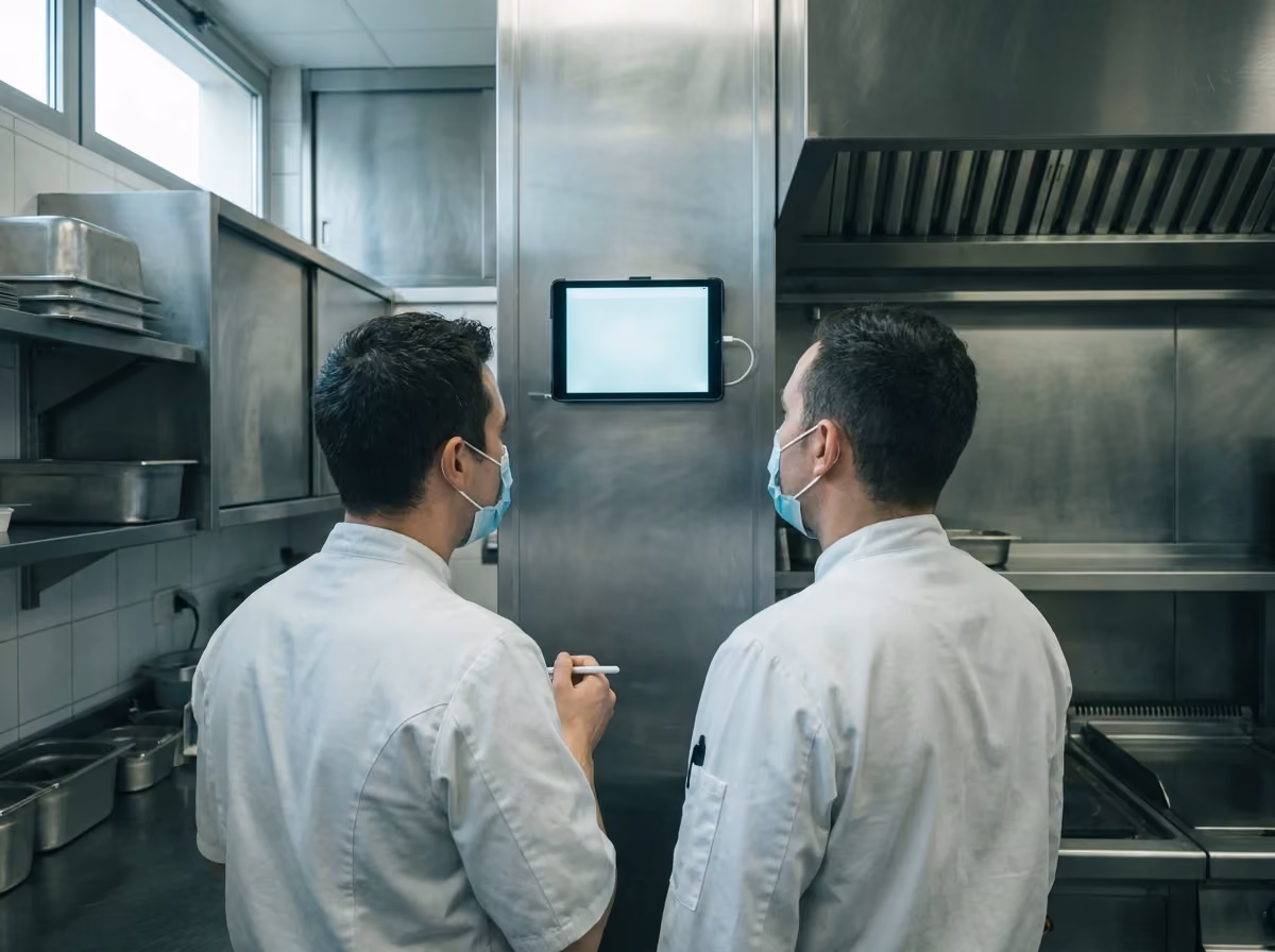 Kitchen team reviewing site scores on a wall-mounted tablet