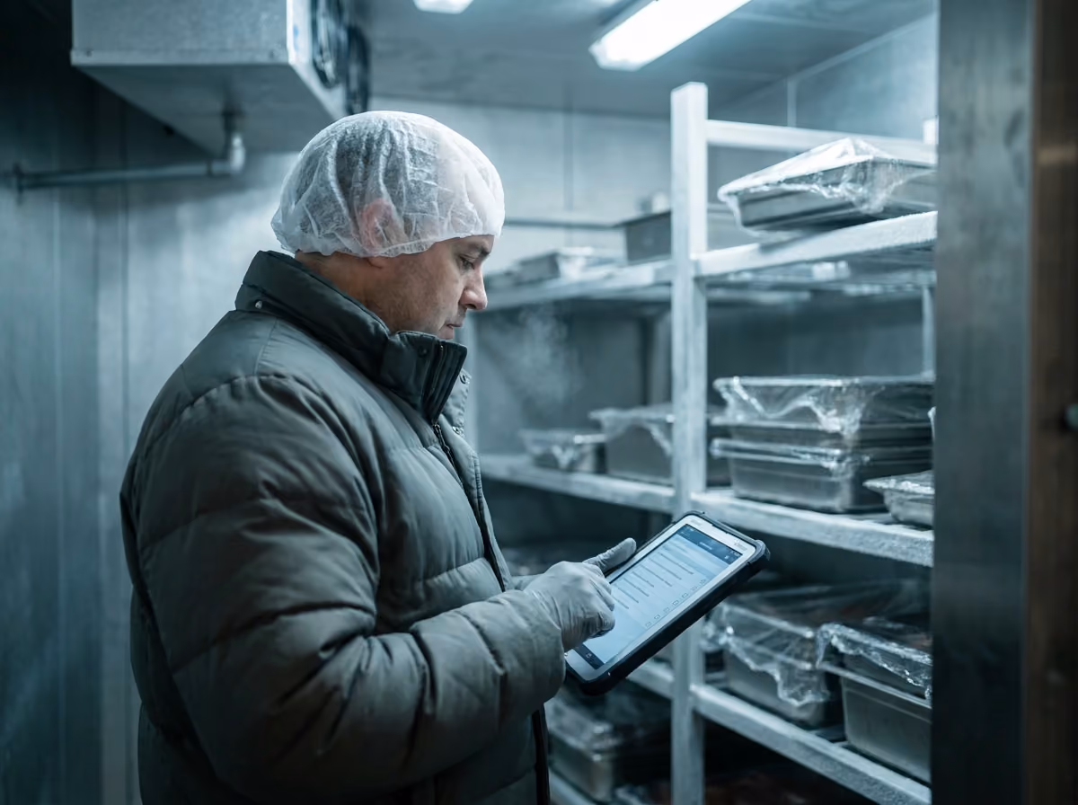 Inspector checking a walk-in cold room with a tablet