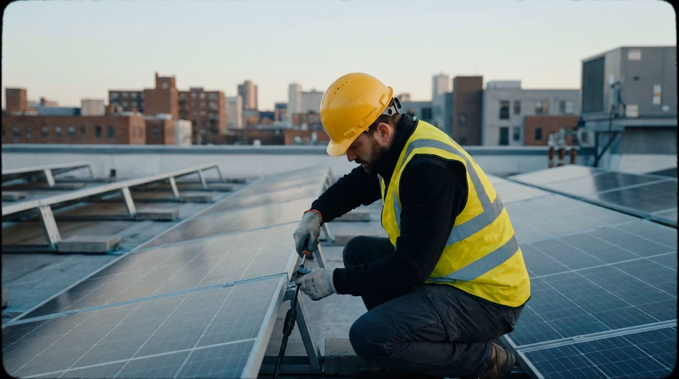 Engineer on a rooftop PV array
