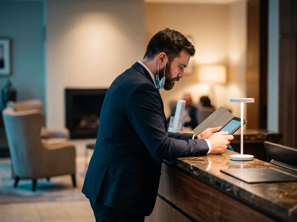 Duty manager reviewing standards on a lobby tablet