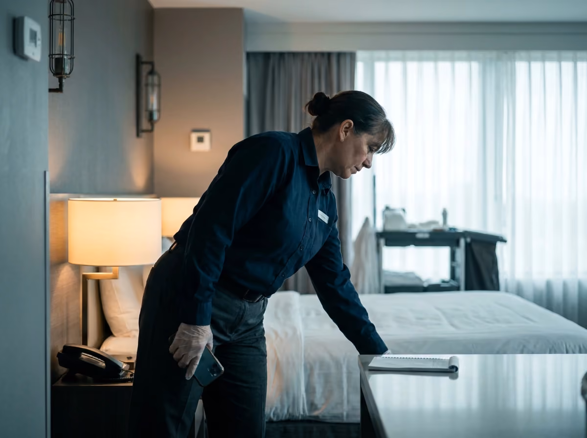 Housekeeping supervisor checking a guest room with a phone
