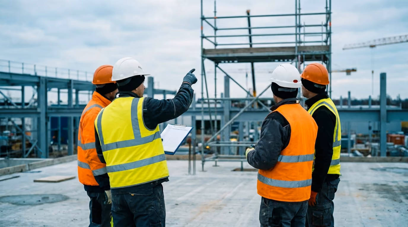 Hi-vis crew on a concrete frame, checklist in hand