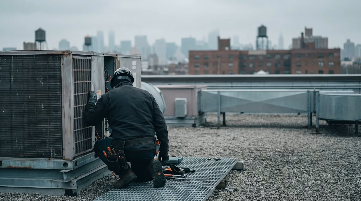 Technician checking a rooftop HVAC unit