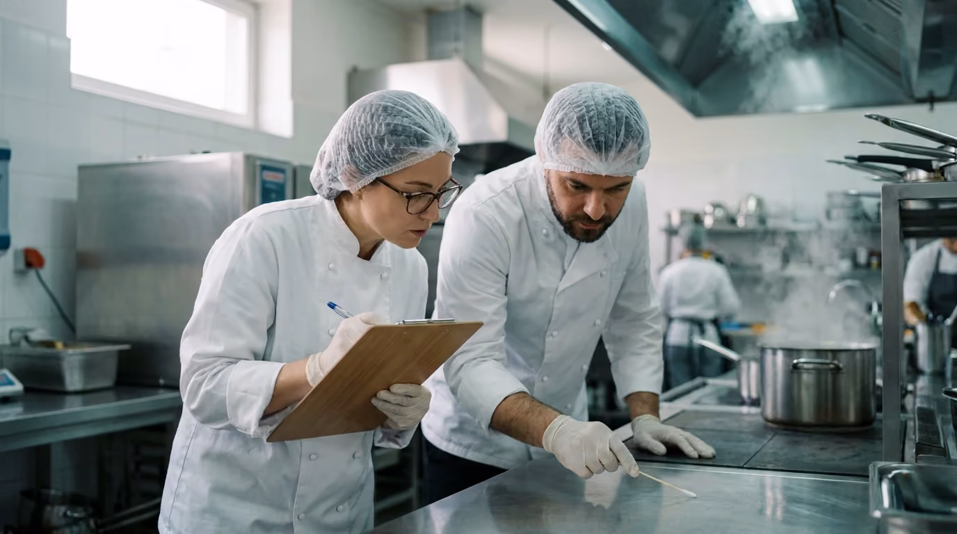 Chef-whites team during a kitchen hygiene check