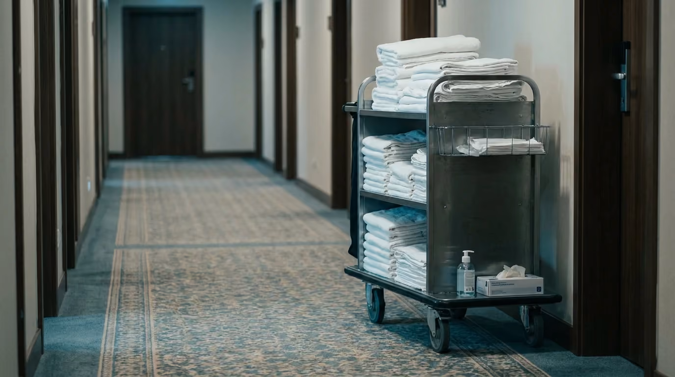 Housekeeping cart in a hotel corridor