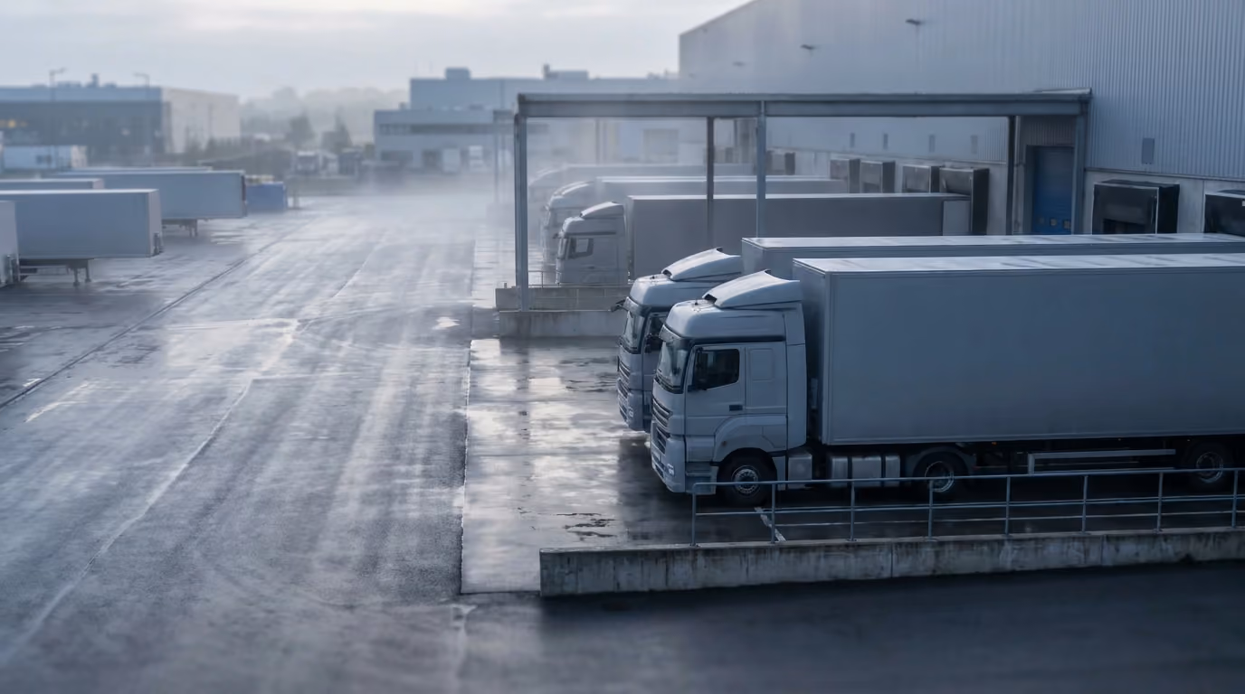 Trucks lined up at a distribution depot at dawn