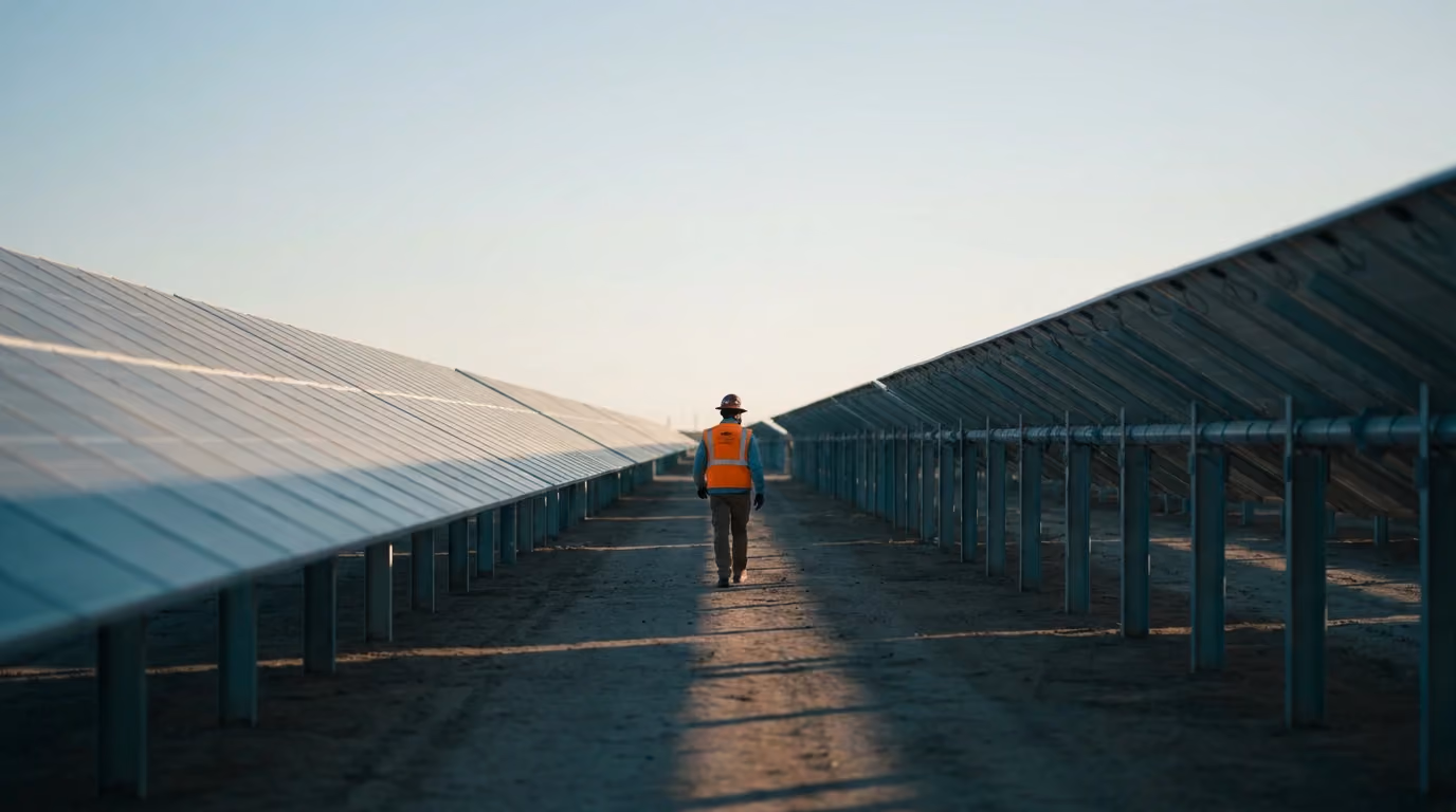 Rows of PV panels with an engineer mid-inspection