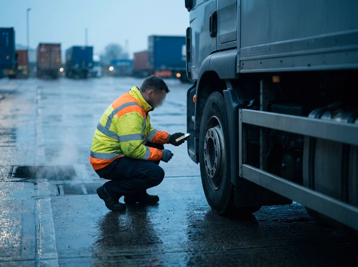 Driver doing a walk-around check at dawn, phone in hand