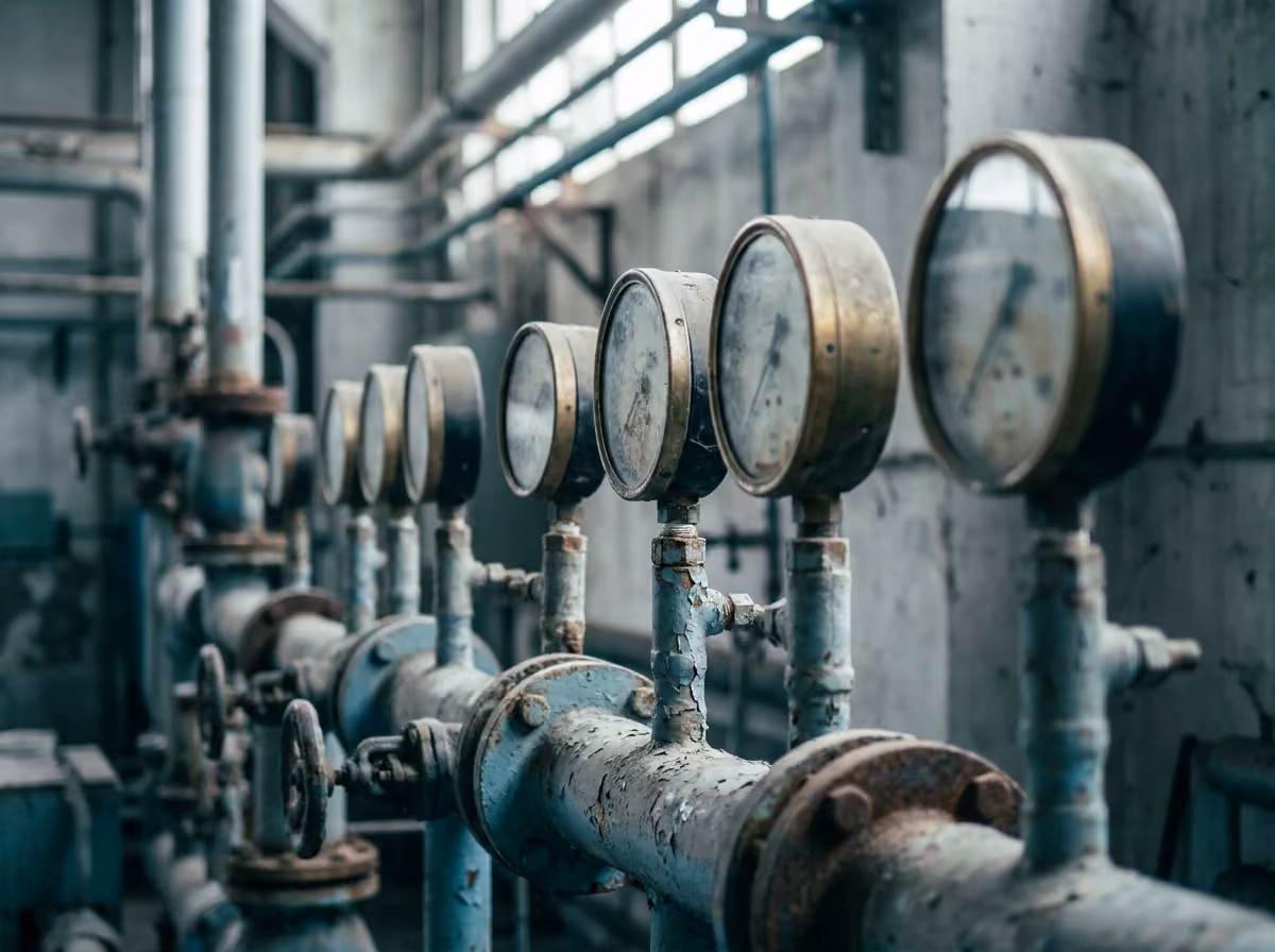 Row of pressure gauges on plant pipework