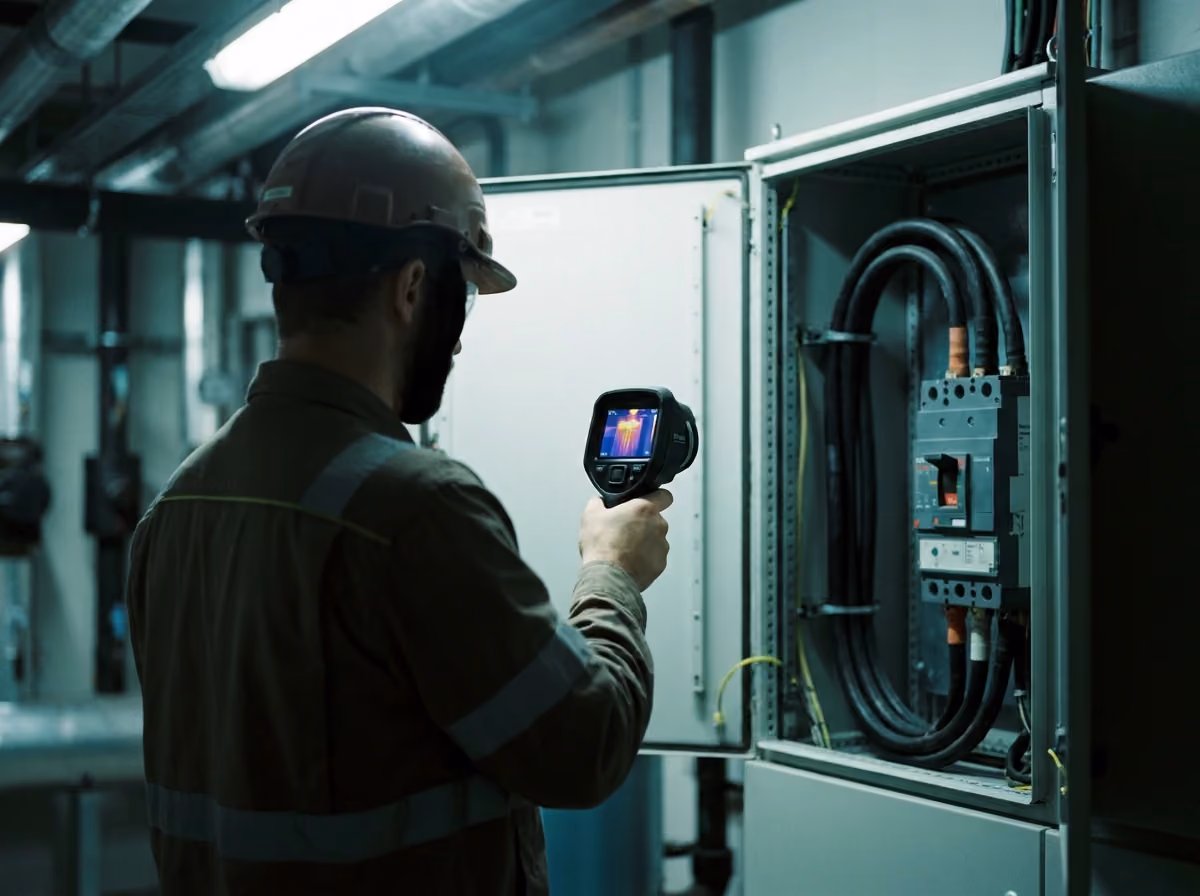 Technician checking an inverter cabinet with a thermal camera