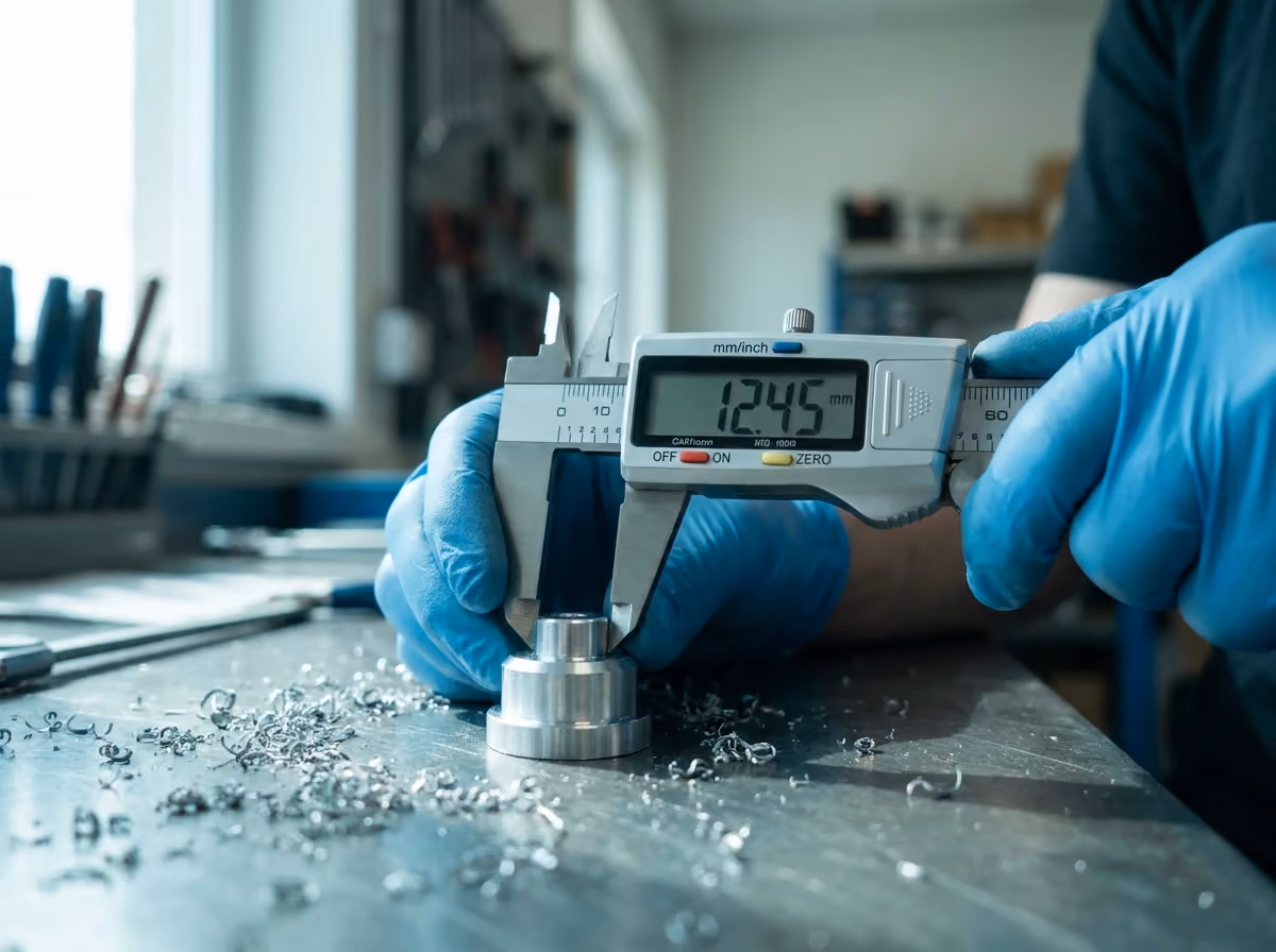 Close-up of calipers measuring a machined part
