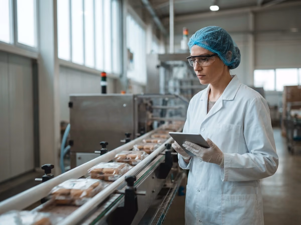 QC inspector checking a production line with a tablet
