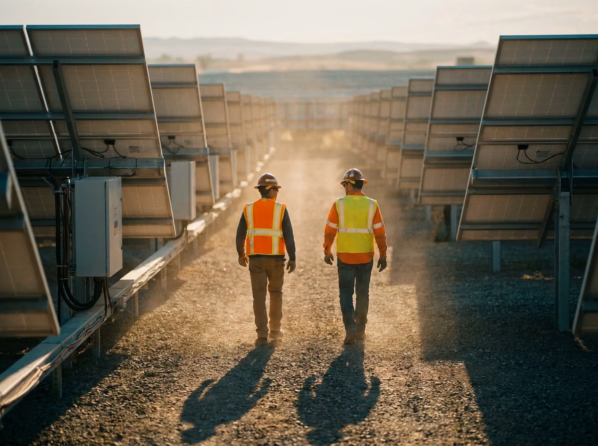 Two engineers walking a utility-scale array at golden hour