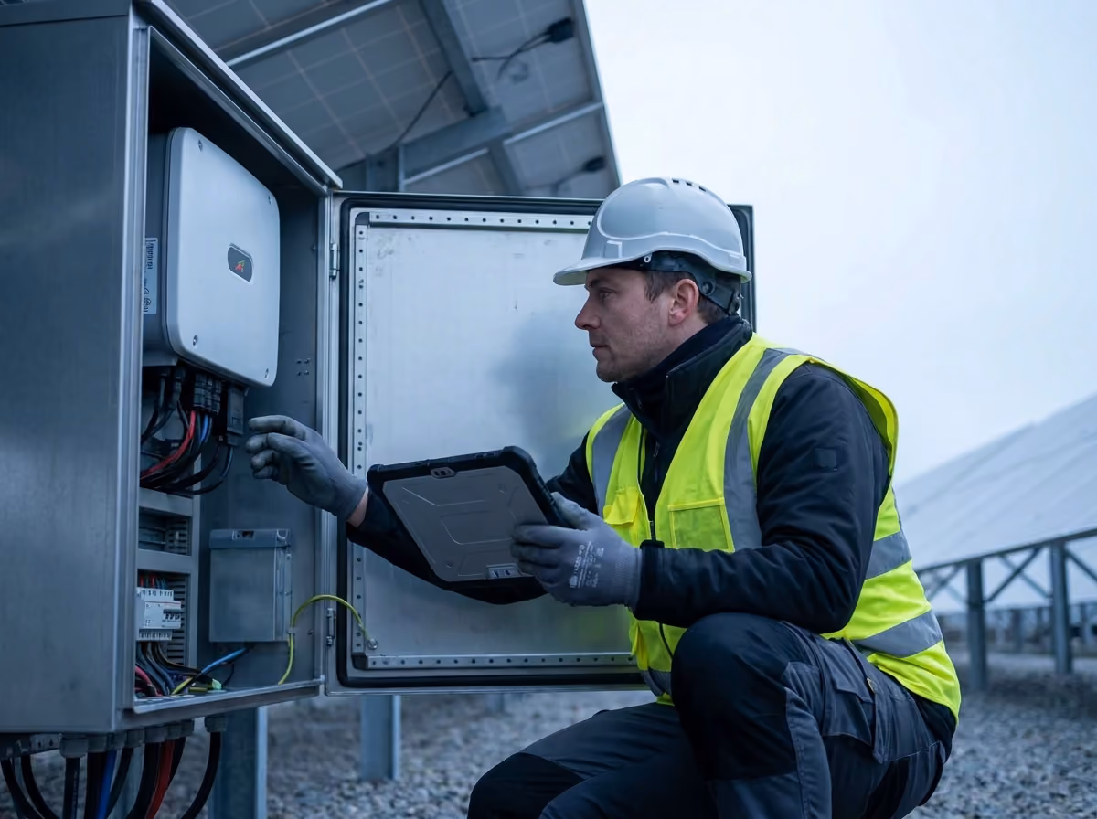 Engineer inspecting inverters in a PV array, tablet in hand